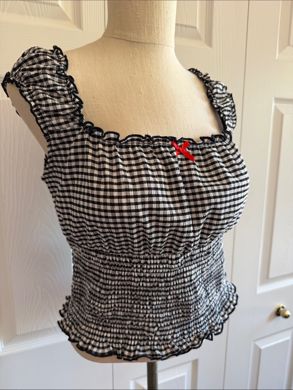 Black & White Gingham Smocked Ruffle Tank with Red Bow- SZ XLarge